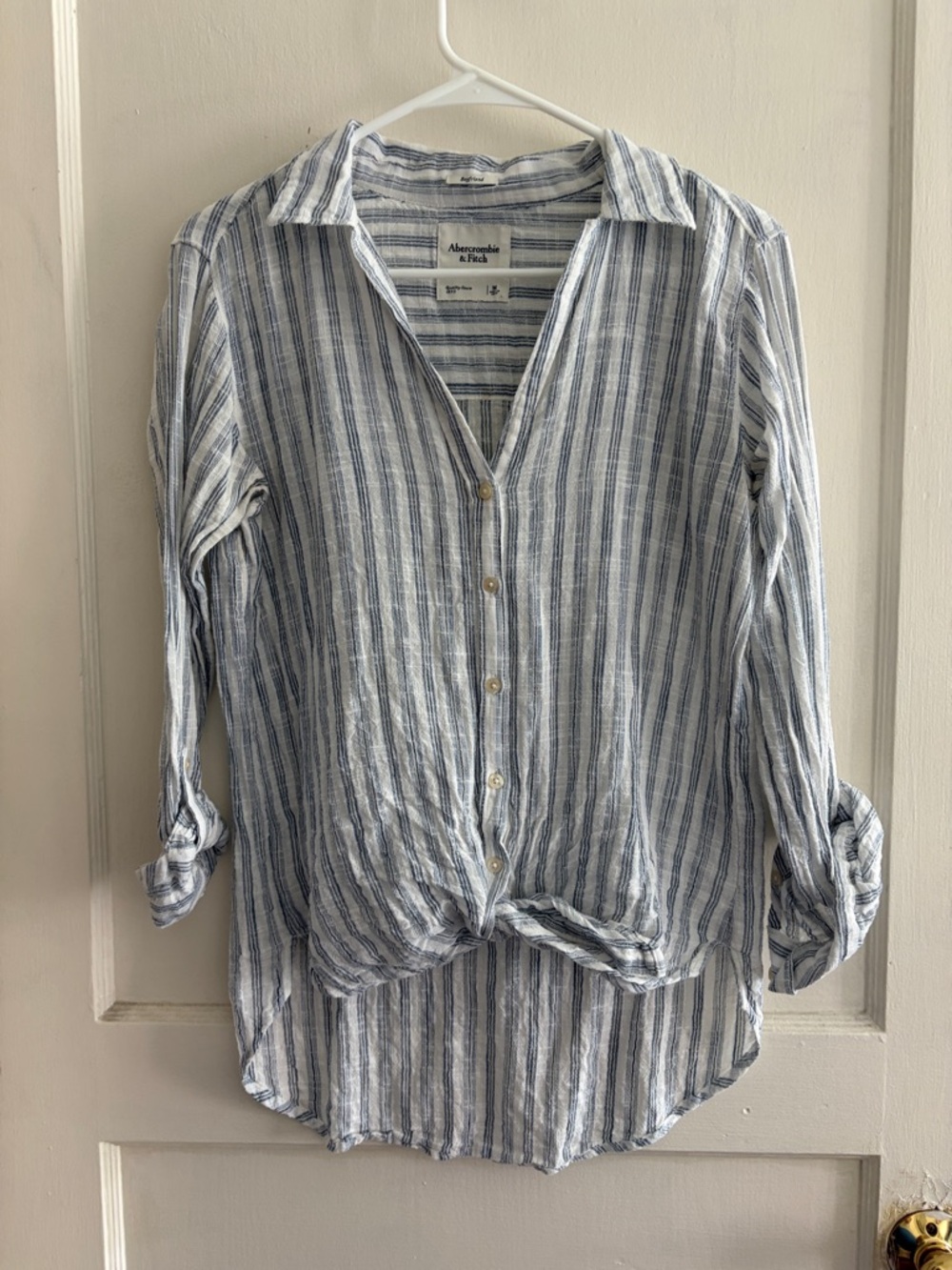 Abercrombie & Fitch White and Blue Striped Tie-Front Shirt